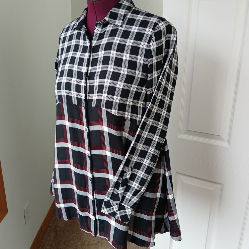J.Jill Mixed Plaid Tunic Shirt Dress XS Petite oversized pockets black white red